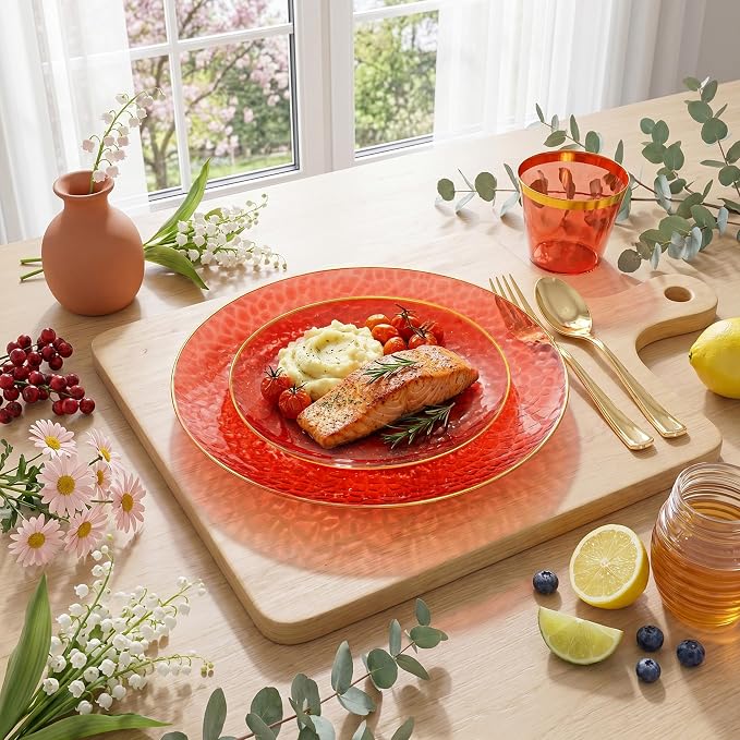 Rubtlamp 175 Pcs Plastic Dinnerware Set (25 Guests), Red And Gold Plastic Plates, Hammered Party Plates Set Include Dinner Plates, Dessert Plates, Cups, Cutlery Set And Napkins for Wedding And Party