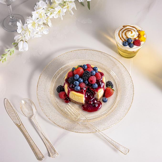 BESTVIP 600PCS Gold Glitter Dinnerware Set for 100 Guests, Plastic Plates | for Party, 100 Gold Glitter Disposable Plates, 100 Dessert Plates, 100 Cups, 100 Spoons, 100 Forks and 100 Knives