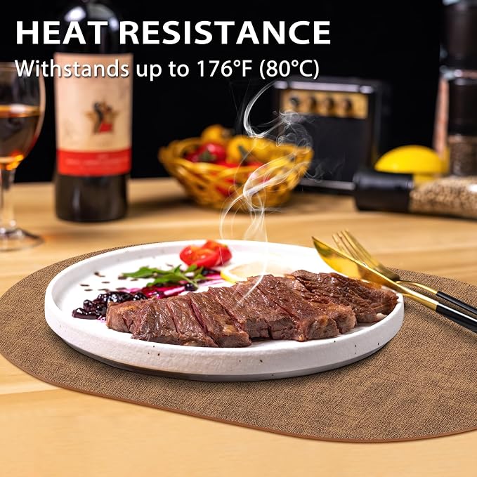 Placemats Set of 6 - Washable Heat Resistant Table Placemats - Wipeable Faux Leather Oval Place Mats, Waterproof Table Mats for Dining Table, Brown