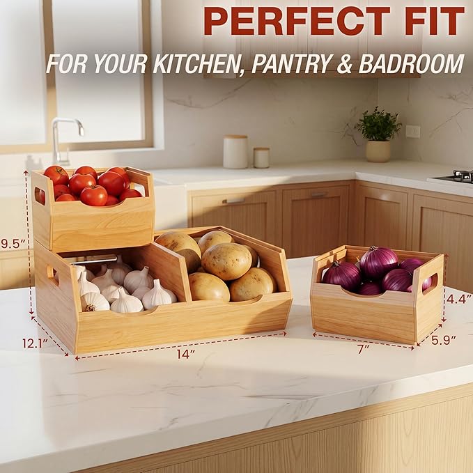 HOMESTEAD Stackable Solid Wood Storage Bins for Pantry & Countertop, Ventilated Potato and Onion Basket Organizer with Handles, Wooden Produce Storage Containers, 3 Pack, Natural Wood