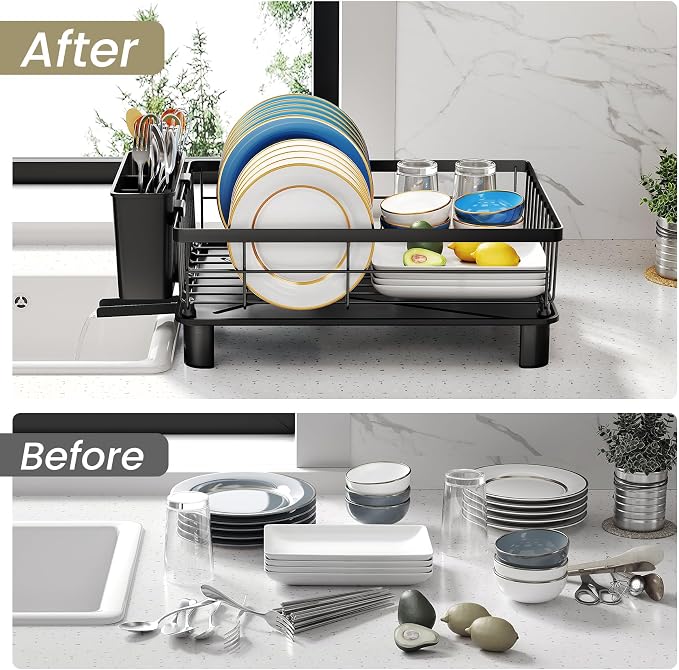 SNTD Dish Drying Rack for Small Kitchen Counter, 11" W x 15" L, Black | Space Saving, Rotating Spout & Angled Drainboard for Quick Drainage, Stainless Steel, Removable Utensil Holder