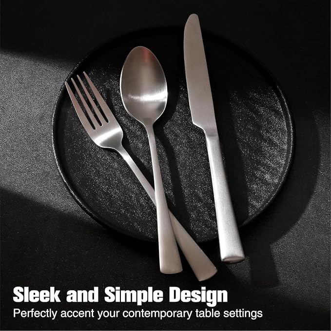 18/10 Flatware set for 12, 60 Piece Matte Stainless Steel Silverware Set | KINGSTONE Forged Flatware Cutlery Set, Mirror Polished Knives Fork and Spoon Utensils, Dishwaher Safe for Home Wedding Party
