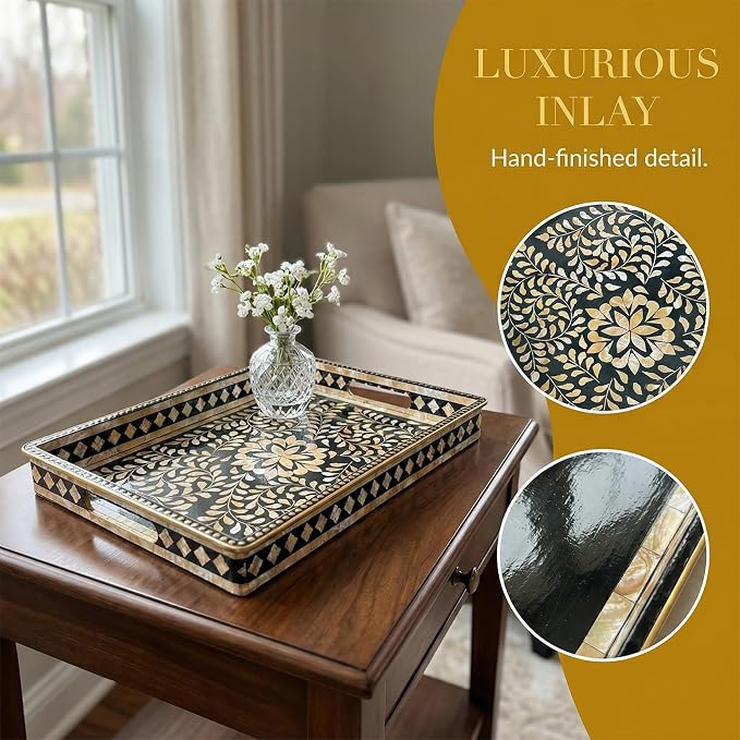 Boho Serving Tray with Handles, 15.7”x11.8” Rectangular Decorative Plastic Tray (Vintage Black & Gold) for Coffee Table, Ottoman, Living Room – Multipurpose Deco