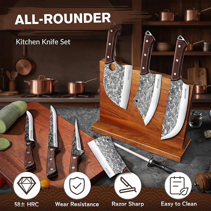 Butcher Knife Set, Hand Forged Butcher Chef Knife Set with Roll Bag | High Carbon Steel 14PCS Meat Cleaver Knife, Bone Chopper Knives, Fillet Knives for Kitchen, Camping Outdoor BBQ, Gift for Men