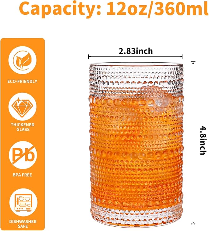 Vintage Hobnail Drinking Glasses Set of 4, 12 Oz Glass Cups with Embossed Retro Design, Clear Glass Tumblers Water Glasses for Kitchen, Cocktail, Beer, Juice, Whiskey, Milk and Everyday Drinks