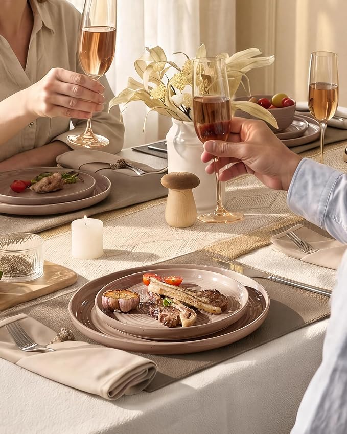 Stoneware Dinnerware Sets for 8, Plates and Bowls, Brown | 24-Piece Ceramic Speckled Spiral Dishes, Chip & Scratch Resistant, Microwave & Dishwasher Safe, Everyday Use, Farmhouse Style