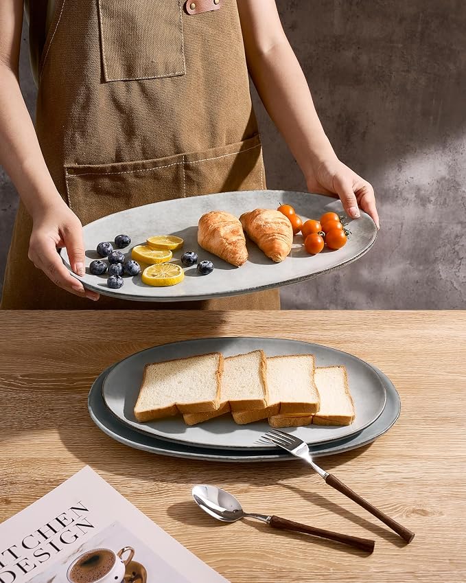 famiware Serving Platters Set of 3 Sizes - Oval, Grey | 15.59"/14.3"/12.9" Fine Stoneware Serving Trays for Party, Entertaining for Food, Turkey, Cheese, Microwave Dishwasher Safe