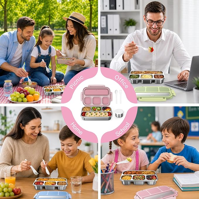 Stainless Steel Bento Box Adult Kids, Leakproof Metal Lunch Box Containers 4 Compartments, 32 Oz Reusable Food Storage Containers for Office and School, Pink