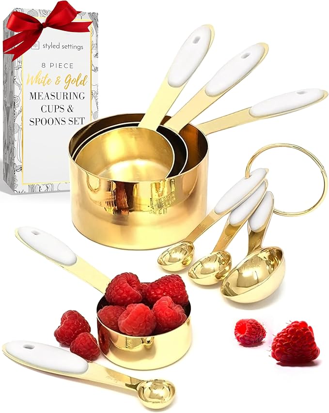 White and Gold Measuring Cups and Spoons Set – 8-Piece Stackable Stainless Steel Measuring Set – Stylish Gold Kitchen Accessories for Precise Baking and Cooking, Ideal Gift for Bakers and Chefs | Stainless Steel, 8-Piece Measuring Set with White Silico...