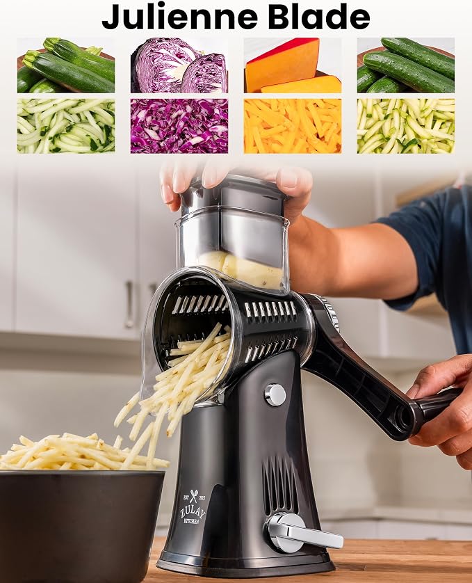 Zulay Kitchen Rotary Cheese Grater 5 Blade Cheese Shredder - Manual Hand Crank Cheese Grater With Reinforced Suction & 5 Interchangeable Drums - Easy to Use, Vegetable Chopper Round Mandoline Slicer
