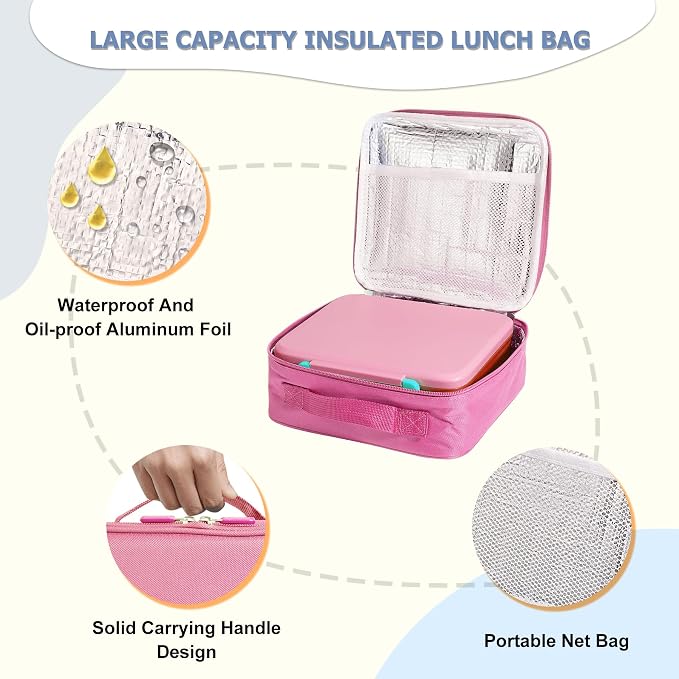 Bento Lunch Box for Kids with 8oz Soup Thermo Leak-Proof Lunch Food Containers with Snack Sauce Container for Kid Girls Boys to School,Pink Bag