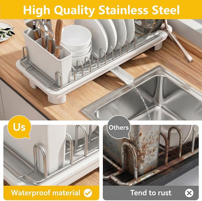 Small Dish Drying Rack,Compact Dish Rack for Kitchen Counter with 360° Rotating Drain Spout and Utensil Holder,Stainless Steel Countertop Dish Drainer for Sink,Space-Saving Design for Small Kitchen
