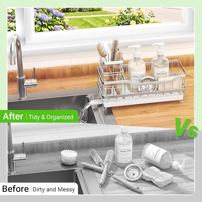 Sink Caddy, Sponge Holder for Kitchen Sink, Silver | Self-draining Sink Organizer with Removable Brush Holder , Metal Sponge Rack for Countertop, Fits Soap Dispenser & Scrubber