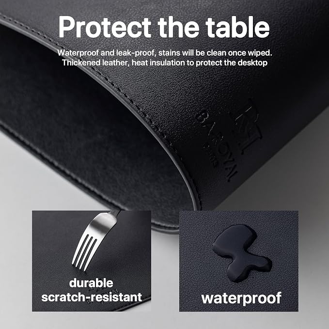 Baroyal Faux Leather Placemats Set of 6 Vinyl Washable Wipeable Table Mats for Kitchen Dining Table Heat Resistant Waterproof Modern Indoor/Outdoor Placemats Non-Slip Easy Clean Place Mats (Black)