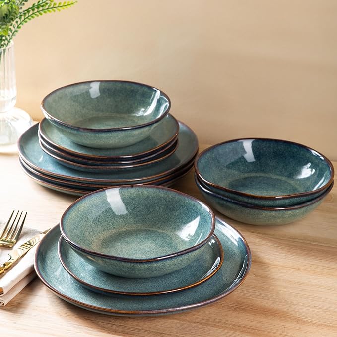 AmorArc Ceramic Dinnerware Sets for 8, 24Pcs Plates and Bowls Sets Dishes | Stoneware Handmade Reactive Glaze Dinner Set, Highly Scratch Resistant | Dishwasher & Microwave Safe Dishware