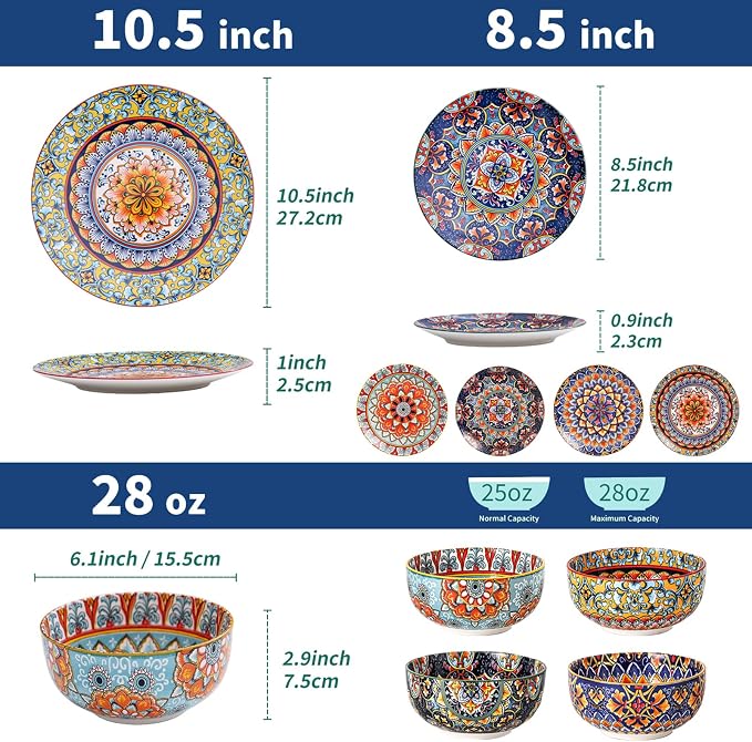 12-Piece Bohemian Porcelain Dinnerware Set for 4, Colorful Plates & Bowls | Ceramic Dish Set for Kitchen, Scratch Resistant, Microwave & Dishwasher, Decorative Tableware for Wall Decor & Housewarming