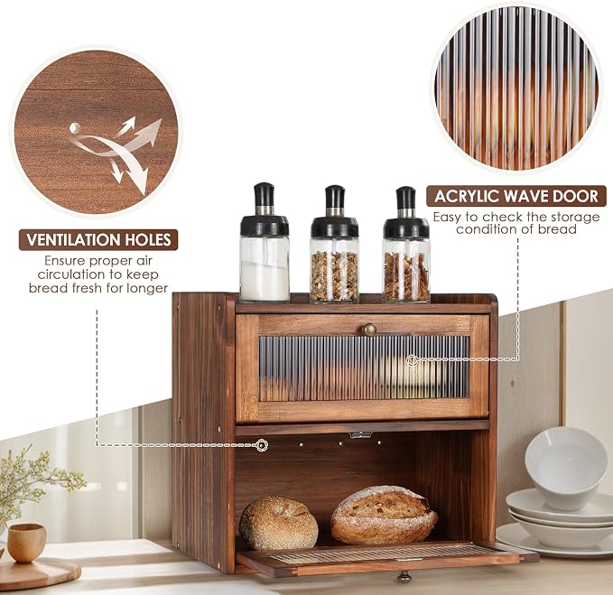 Sunhoo Bread Box for Kitchen Countertop Wooden Bread Storage Container Bin 2 Layer Breadbox Holder Large Capacity Keeper Vintage Farmhouse Food Organizer Pantry Shelf Acrylic Window（Black）