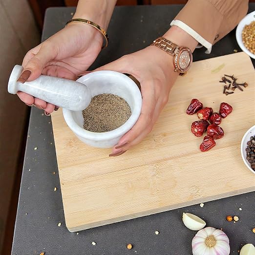 Marble Mortar & Pestle Kitchen Set – 4 Inch White Herb Grinder, Spice Grinder, Pill Crusher, Fine Powder Grinder, Avocado Masher & Coffee Mortar – Premium Large Hand Grinder Tool