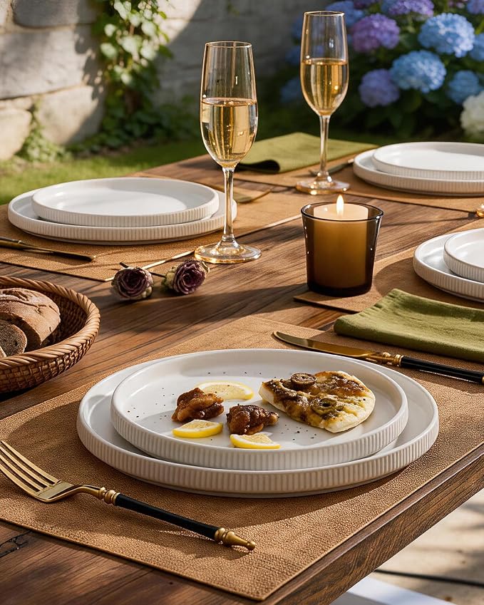 Ceramic Dinnerware Sets for 4, 8-Piece Flat Dinner Plates and Salad Plates | Famiware Premium Stoneware Dishes, Chip & Scratch Resistant, Microwave & Dishwasher Safe, Everyday & Serving Use, Matte White