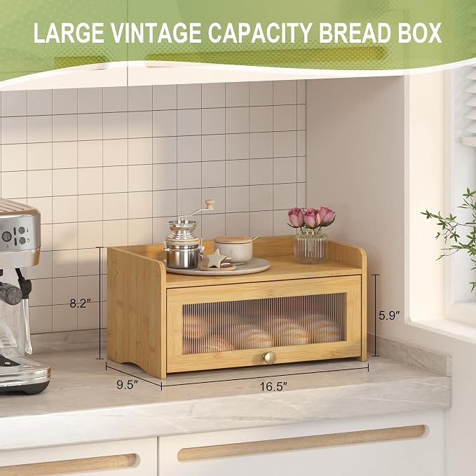 JANSNIMEN Vintage Bread Box for Kitchen Countertop, Bread Container Storage, Wooden Farmhouse Bread Box with Window Bread Holder (Vintage Bamboo)