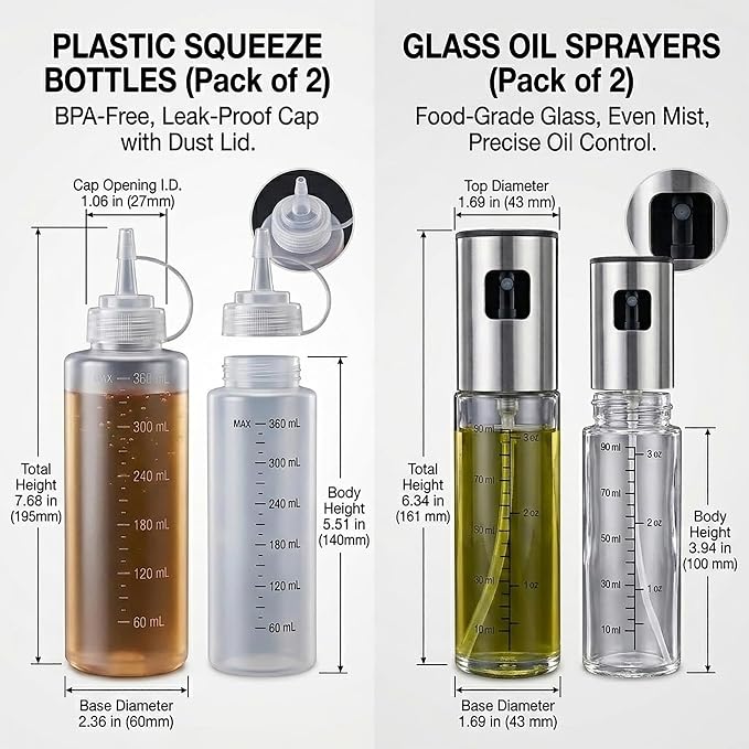 Supervalue Pack of 4 Pieces Kitchen Condiment Dispensers, 2 Glass Oil Spray Bottle(3 Oz) and 2 Squeeze Bottle (12 Oz) Set, with Measurements