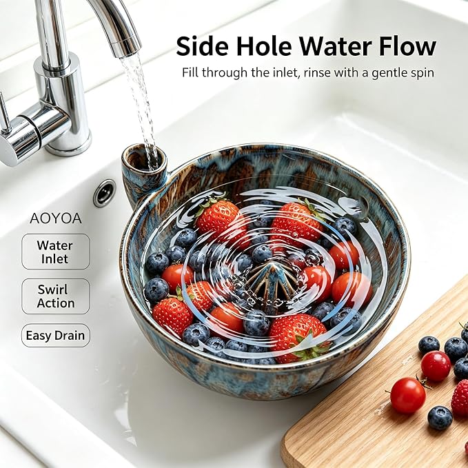 Self Spinning Ceramic Berry Washing Bowl with Drain Holes, 7'' Kitchen Fruit Washer Spinner Bowl with 10pcs Sponges (A-Pink)
