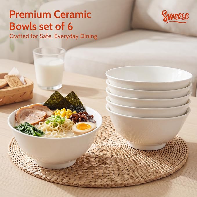 Sweese 18 oz Ceramic Soup Bowls Set of 6, White Pasta Bowls for Ramen, Salad, Noodles, Cereal and Soup, Stackable Serving Bowls for Everyday Meals