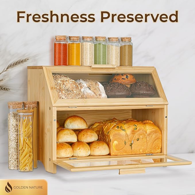 Double Layer Bamboo Bread Box for Kitchen Countertop, Large Wooden Storage Box W/Clear Display Windows, Food Keeper for Muffins, Bagels & Cookies | Golden Nature bread storage box with clear display windows, food keeper for muffins, bagels, cookies, an...