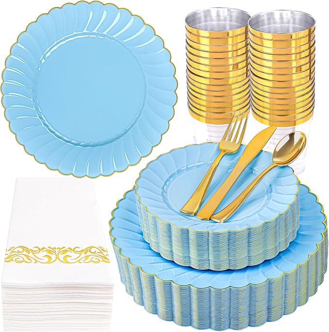YOUBET 175PCS Light Blue Scalloped Plastic Plates for Party Wedding | Blue Disposable Dinnerware Set Include 50 Plates, 75 Gold Silverware, 25 Cups, 25 Napkins for Baby Shower