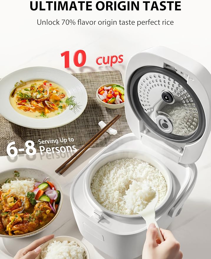 TOSHIBA OriginTaste Rice Cooker 10-Cup Uncooked, Fuzzy Logic, 15-in-1 Functions, Digital Display, Delay Timer, Keep Warm, Nonstick Inner Pot, White