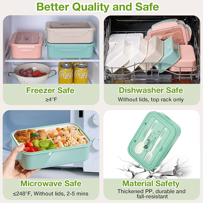 Mfacoy® 3 Pack Bento Boxes for Adults/Kids, 1100 ML Bento Lunch Box With Spoon & Fork, Lunch Box Containers, Bento Box for Dining Out, Work, Picnic, BPA-Free, Microwave & Dishwasher Safe
