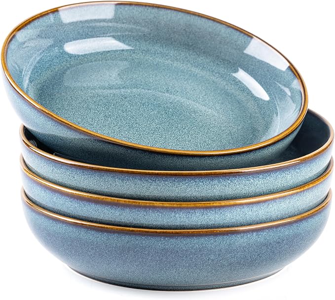 GBhome 8.75'' Large Ceramic Pasta Bowls, 38oz Stoneware Pasta Serving Bowls Set of 4 for Kitchen, Wide Bowls for Fruit,Pasta,Salad,Oatmeal,Meal, Microwave Safe, Reactive Glaze-Space Blue