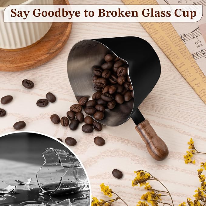 Amrules Espresso Cup, 6.8 oz/200 ml Stainless Steel Coffee Shot Measuring Cup with Wood Handle, Double V-Shaped Mouth and Clear Scale for Cappuccino Barista Coffee Bar Accessories, Black