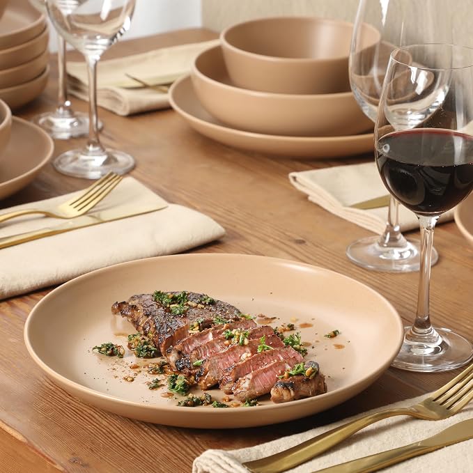 Gibson Elite Leeds Court Plates and Bowls Sets, 16-Piece Stoneware Dinnerware Sets, Terracotta, Round Speckle Reactive Glaze Dish Set