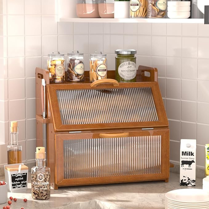Bread Box for Kitchen Countertop, Large Bread Storage Container for Homemade Bread, Vintage Wooden Farmhouse Breadbox Organizers, Double Layer Bread Bin with Acrylic Window Bread Holder