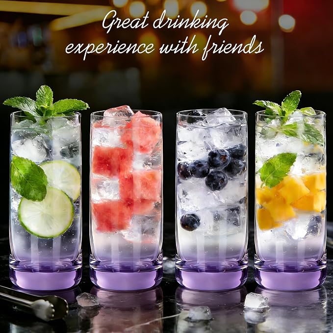 Purple Highball Glasses Set of 6, Drinking Glass for Mixed Drink | 13oz ,Cups for Cocktail, Beer, Mojito, Water and Juice,Thick Tall Glassware for Kitchen, Restaurant, Home Bar and Parties