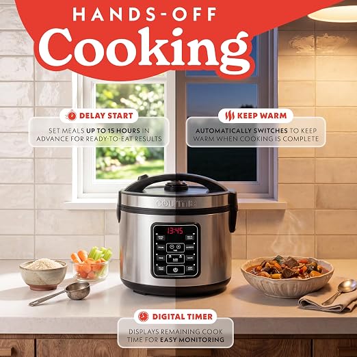 Gourmia Rice Cooker – 5 Qt Capacity, 20 Cup Cooked, 10 Cup Uncooked, Digital Controls, 6 Cooking Presets, Grain Cooker & Steamer, Nonstick Pot, Steam Tray, Delay Timer, Keep Warm, Stainless Steel