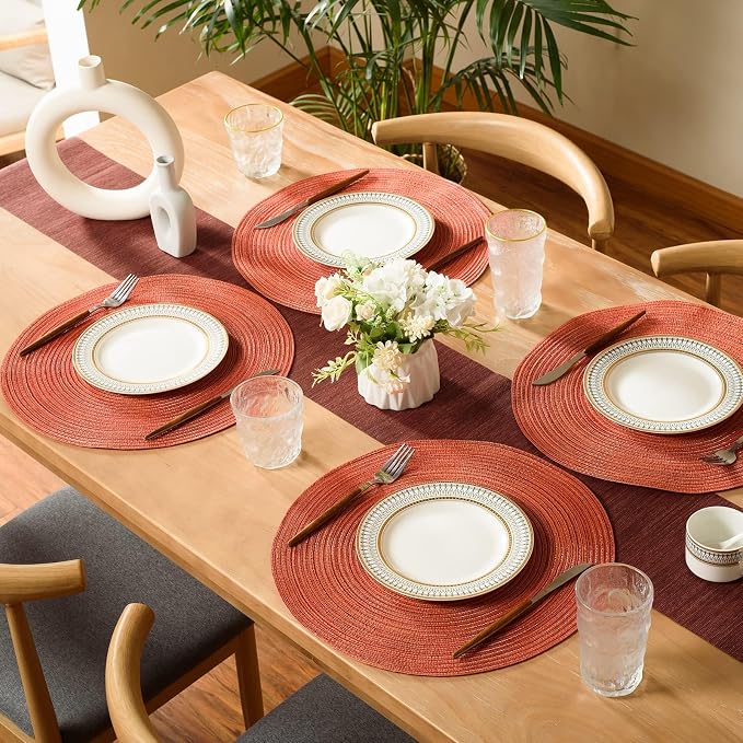 FunWheat Round Braided Placemats Set of 8 Place mats for Dining Tables Woven Heat Resistant Table Mats 15 inch for Fall(Orange,8pcs)