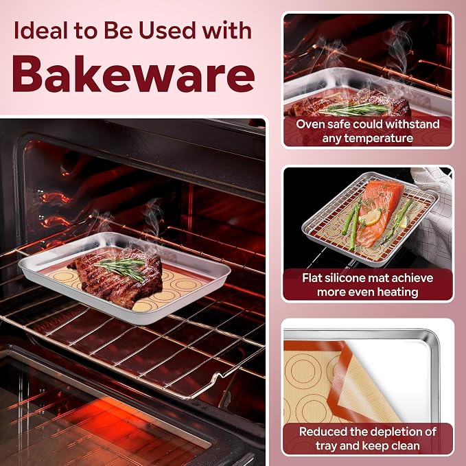 P&P CHEF 8.6 Inch Silicone Baking Mat, 2Pcs Non-stick Silicone Oven Mats | Reusable Baking Supplies for Macaroon Pastry Bread Dough Cookie Pizza, Good for Roasting Kneading, Fit Well with Sheet Pan