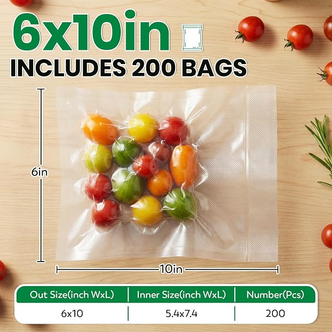 FUNFERY 200 PCS Precut Quart Vacuum Sealer Bags for Food 6" x 10" BPA Free | Airtight Vacuum Seal Freezer Bags for Food Storage, Meal Prep, Sous Vide and Bulk Freezing