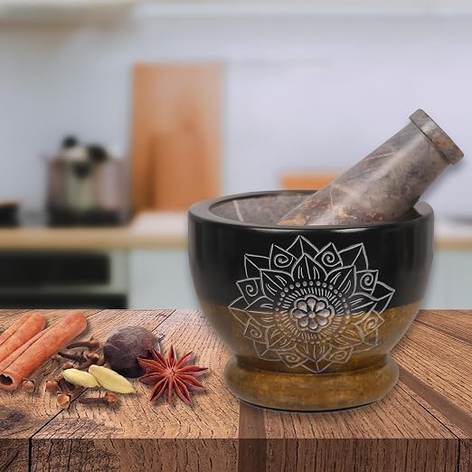Mortar and Pestle, Made of Heavy Duty Polished Hard Stone, Natural Stone Grinder for Spices, Pastes, Herbs, Seasoning etc. (Mandala)