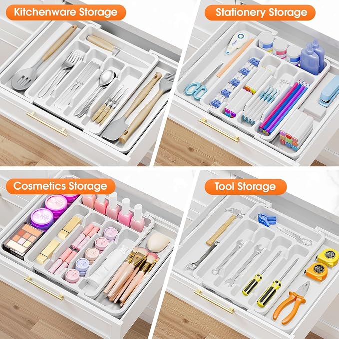 SpaceHacks Silverware Organizer，Adjustable & Expandable Drawer Organizer | Utensil Drawer Organizer, BPA Free Utensil Holder, Cutlery Tray for Forks, Spoons, Knives in Kitchen, Medium, White