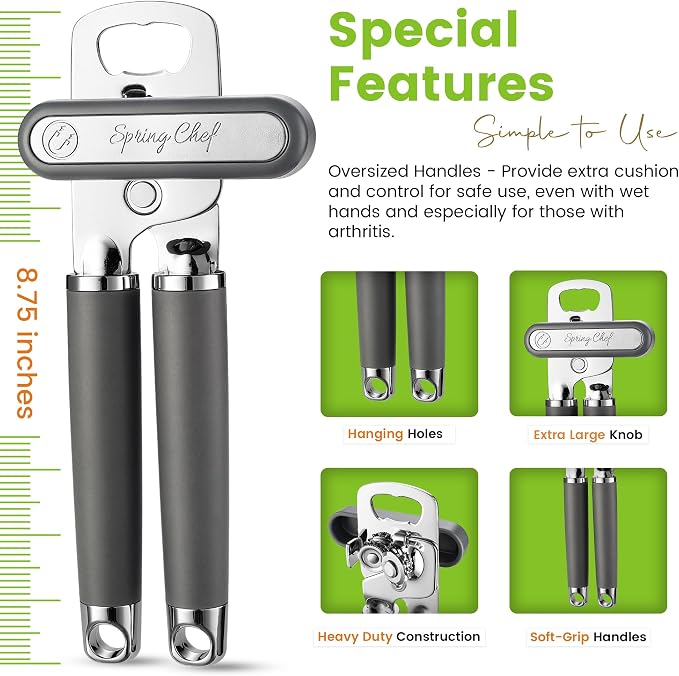 Spring Chef Stainless Steel Manual Can Opener with Soft Grip Handles, Gray | Heavy Duty Hand Can Opener for Seniors with Smooth Edge, Easy Turn, 3in1 Can Opener with Magnetic Lid Remover & Bottle Opener