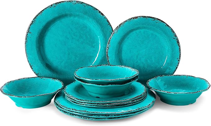 LEHAHA 12 Piece Vintage Melamine Dinnerware Sets Include 4 Dinner Plates, 4 Salad Plates and 4 Bowls Service for 4, Unbreakable Farmhouse Dishes and Bowls Suitable for Indoor and Outdoor Use Teal