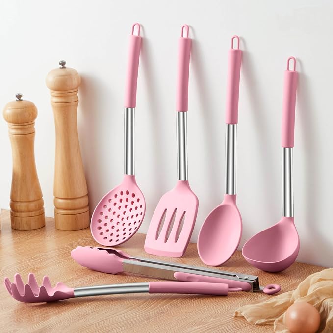 LIANYU Silicone Kitchen Utensils, 6 Pcs Cooking Utensils Spatula Set, Pink | Slotted Turner, Spoon, Soup Ladle, Pasta Server, Skimmer, Tongs for Nonstick Cookware, Heat Resistant, Stainless Steel Handle