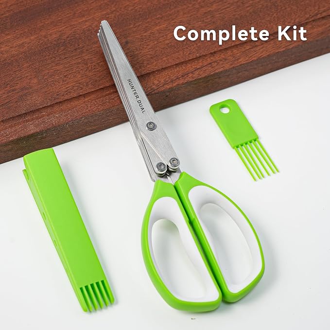 5 Blades Herb Scissors - Professional Kitchen Shears with Safety Cover for Cutting Green Onions, Fresh Herbs, Vegetables & Salad Food Prep, Must-Have Cooking Gadgets (Green, White, 8.7 inch)