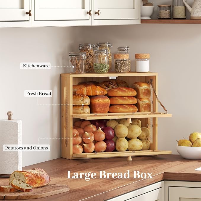 Corner Bread Box for Kitchen Countertop, 2026 New Double Layer Bamboo Bread Storage Bin, Large Bread Container for homemade bread (Natural)