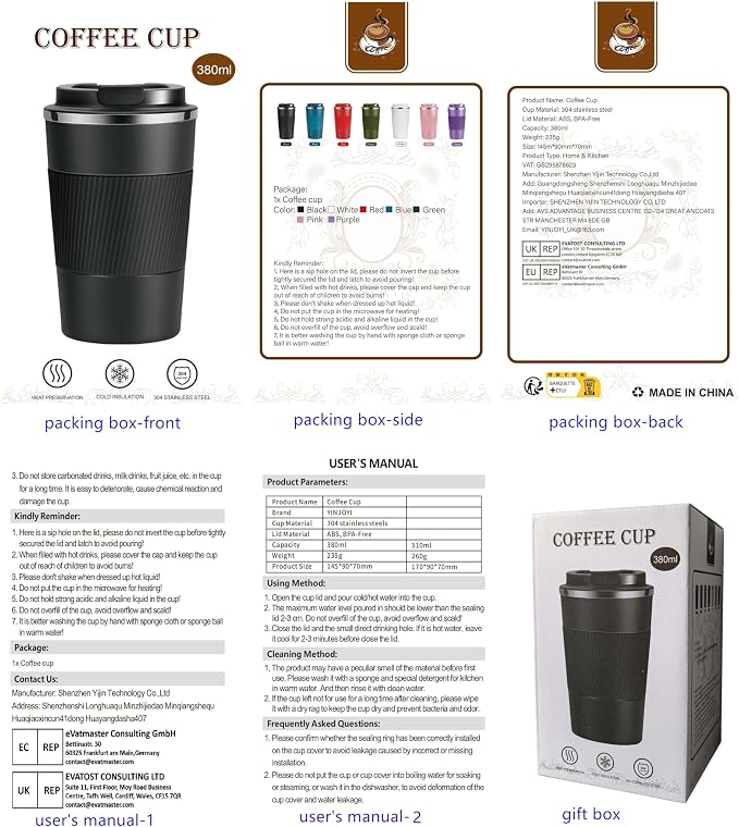 YINJOYI 12oz Travel Coffee Cups Insulated Tumbler Thermal Mug to Go with Lid Leak Proof Reusable Stainless Steel Coffee Mug Spill Proof for Hot and Iced Cold Drinks (Purple, 380ml)