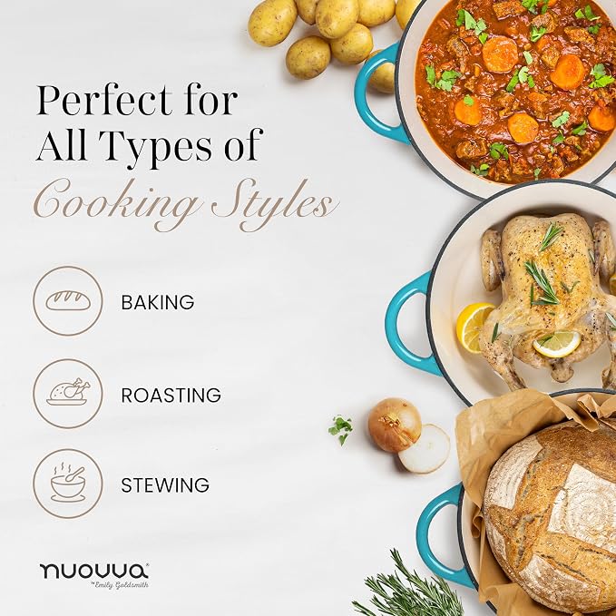 Nuovva Enamelled Cast Iron Dutch Oven Pot with Lid 6.4 Quart Non Stick Casserole Pot-Heavy Duty & Oven Safe up to 500° F for Bread Baking, Braising, Stews, Roasting - 28cm Light Blue