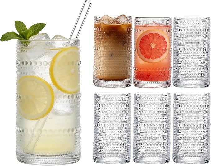 Large Hobnail Drinking Glasses Set of 6, 16oz | Highball Glasses Embossed Water Glass Cups, Kitchen Bar Tumbler Glassware for Cocktail, Juice, Whiskey